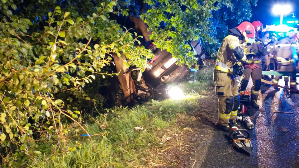 Groźny wypadek pod Świdnicą. Auto uderzyło w drzewo. Kierowca był zakleszczony!