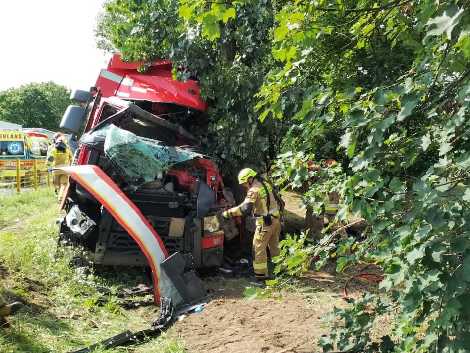 1/7 - Wypadek na krajowej &quot;92&quot; w Lubuskiem. Ciężarówka uderzyła w drzewo