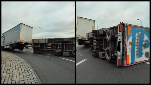 Przyczepa ciężarówki przewróciła się na DK92 w Świebodzinie. Zablokowane rondo