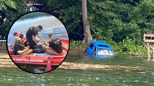 Auto wjechało do jeziora Linie Duże. Służby znalazły ciało 24-letniego kierowcy (ZDJĘCIA)