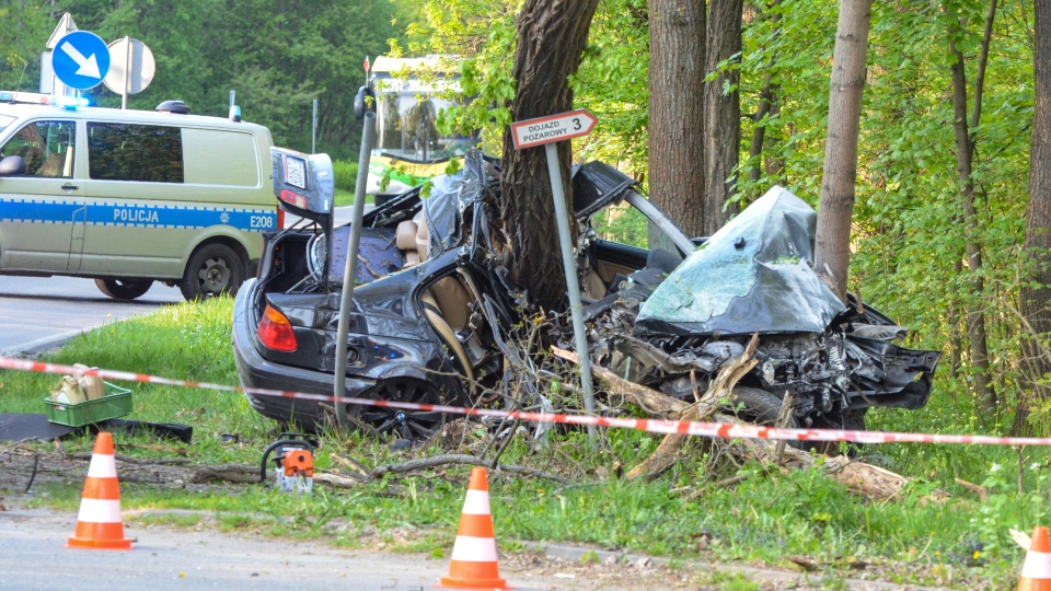 Poważny wypadek w Zielonej Górze. BMW rozbiło się o drzewo. To cud, że nikt nie zginął!