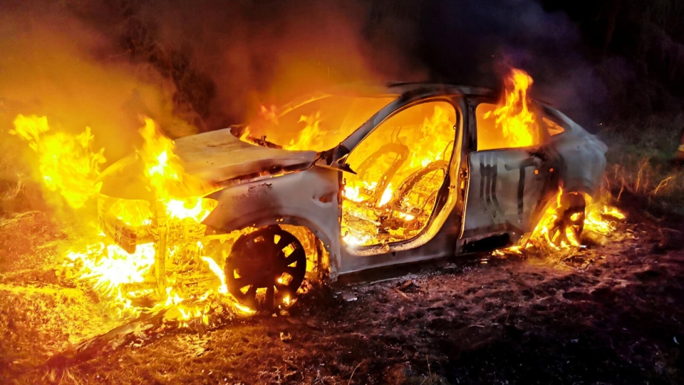Pożar samochodu z carsharingu w lesie koło Cybinki. Spłonął doszczętnie (ZDJĘCIA)