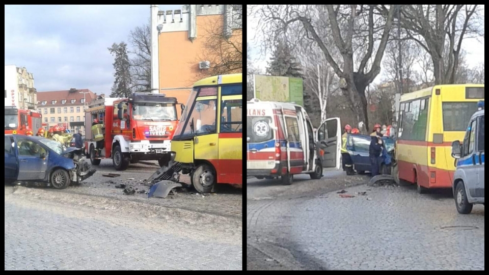 Wypadek w Żaganiu. Czołówka autobusu i osobówki. Jedna osoba ranna (ZDJĘCIA)