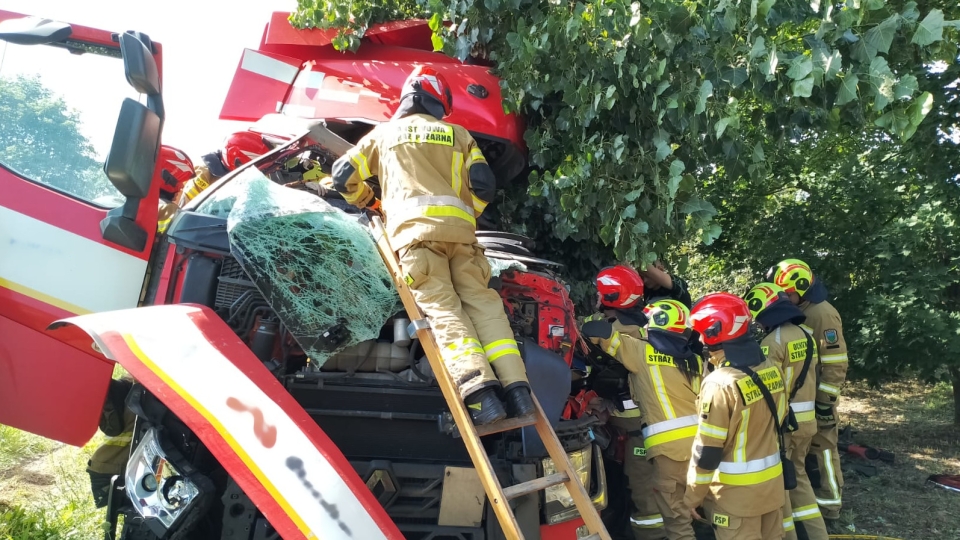 Wypadek na krajowej "92" w Lubuskiem. Ciężarówka uderzyła w drzewo (ZDJĘCIA)