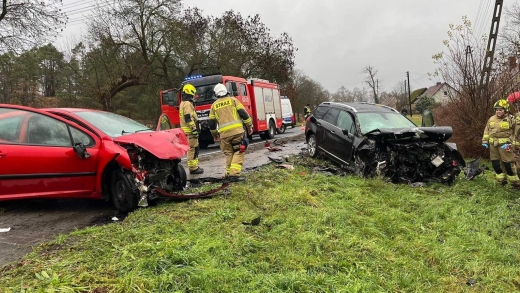 Groźny wypadek na DW132. Czołówka osobówek. Trwa akcja służb