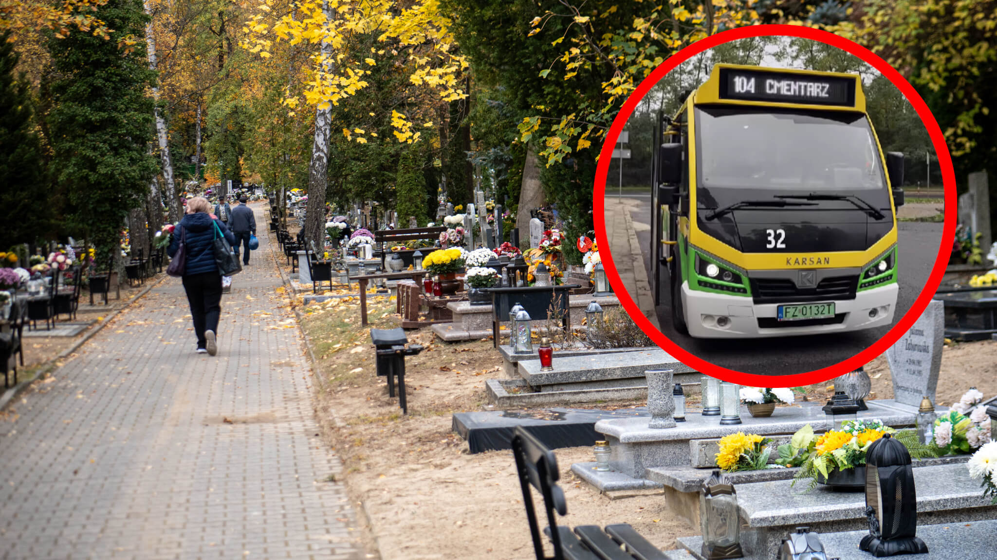 Autobusy na cmentarzu Zielona Góra - linia 104 MZK Zielona Góra