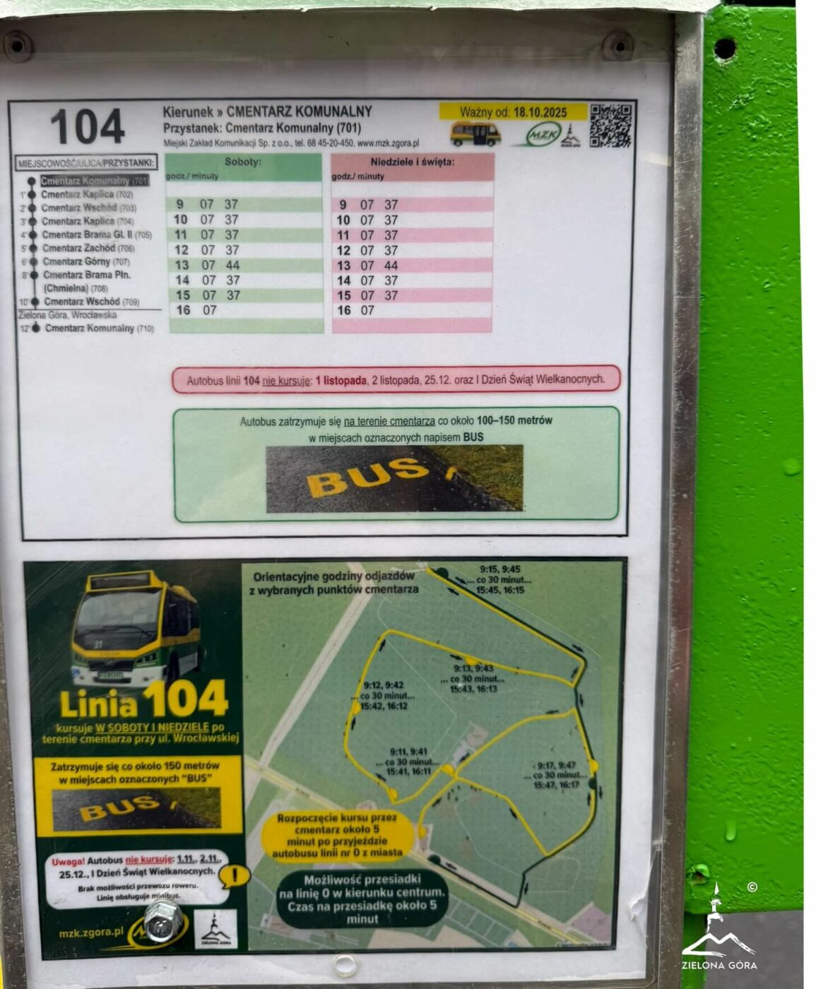 Autobusy na cmentarzu Zielona Góra - linia 104 MZK Zielona Góra