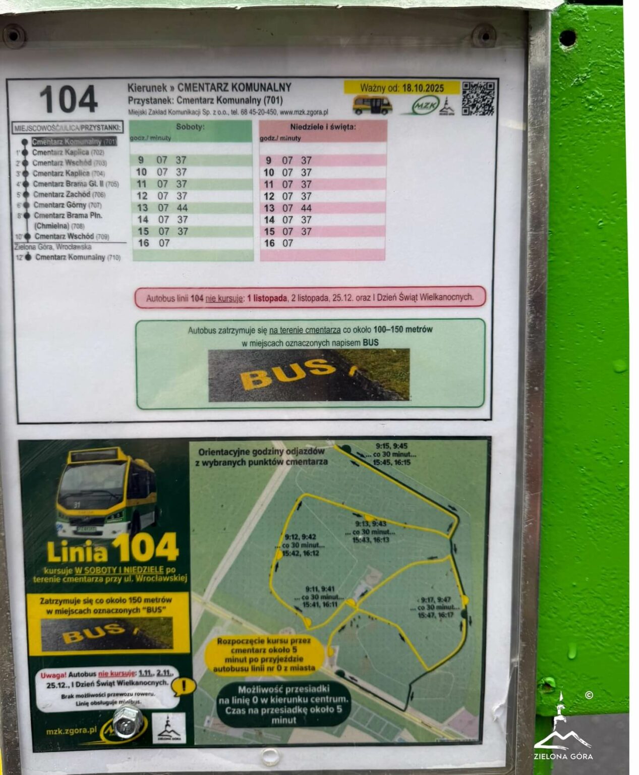 Autobusy na cmentarzu Zielona G&oacute;ra - linia 104 MZK Zielona G&oacute;ra