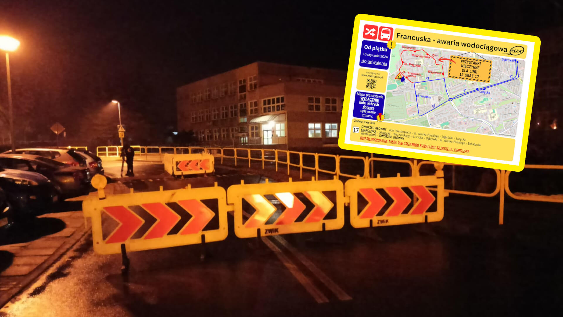 zmiany w komunikacji MZK Zielona Góra - ulica Francuska awaria