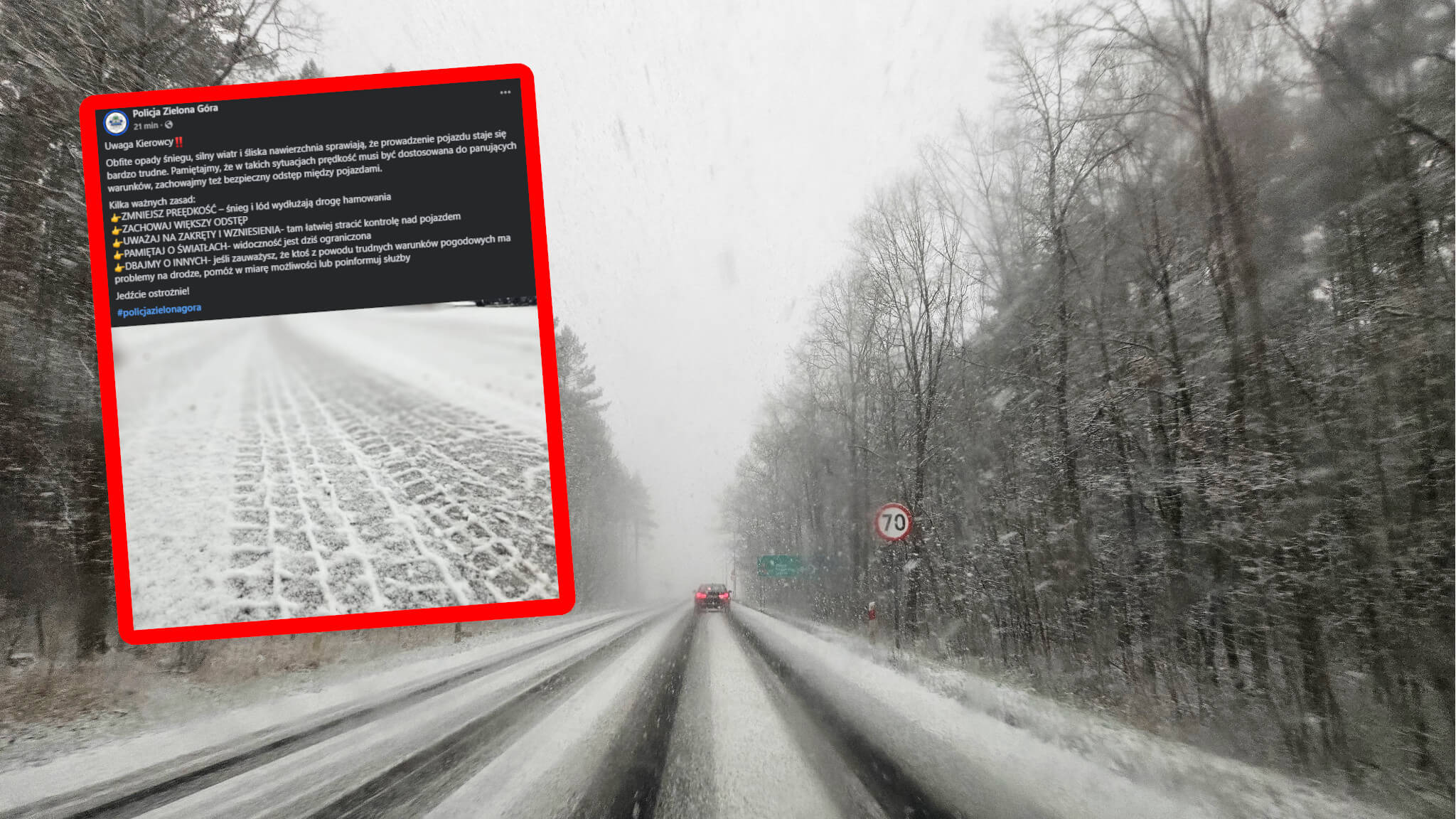 śnieg Zielona Góra - śliskie drogi Lubuskie