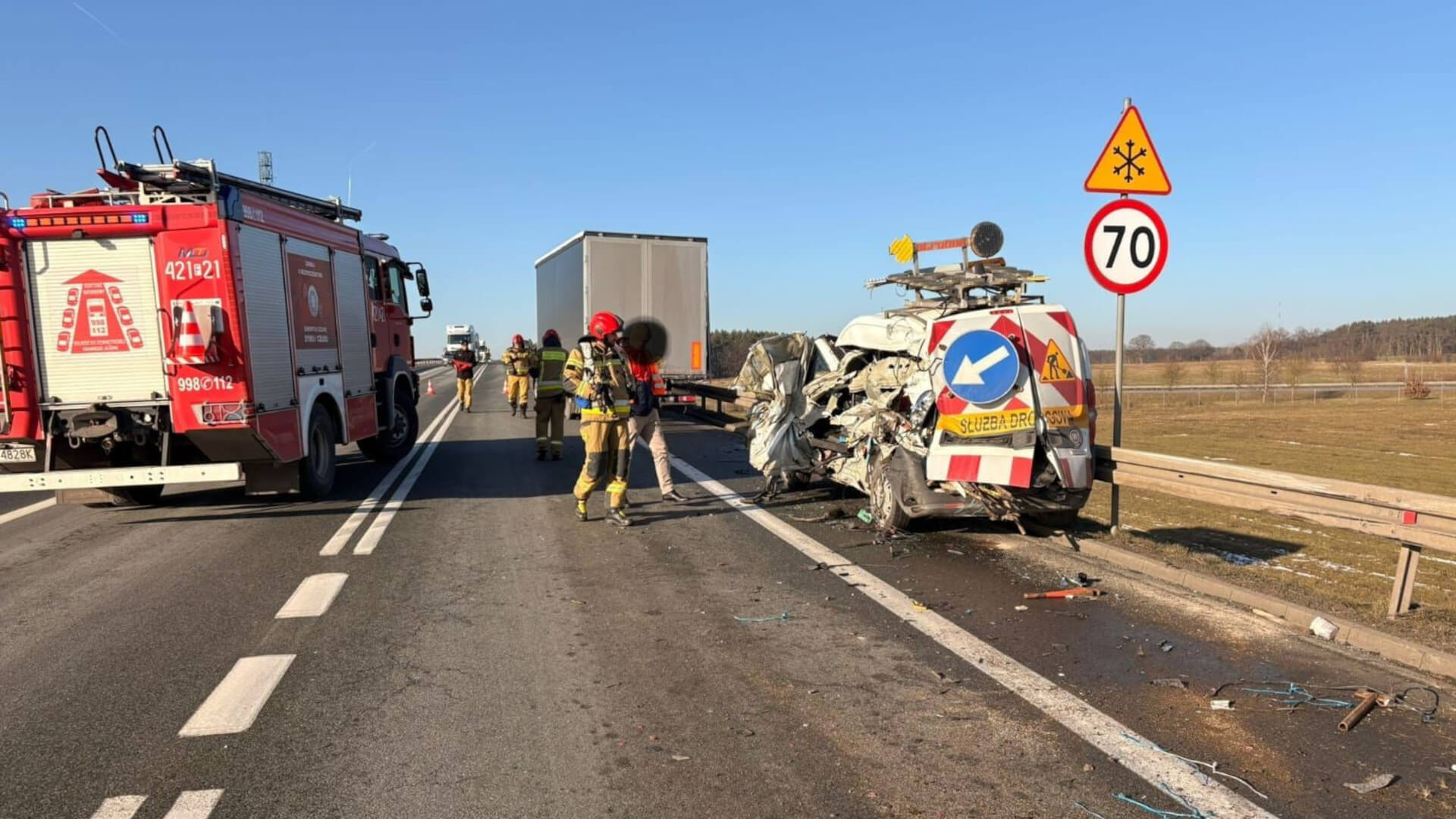 Wypadek na DK92 - Wypadek Świebodzin. Wjechał w służbę drogową