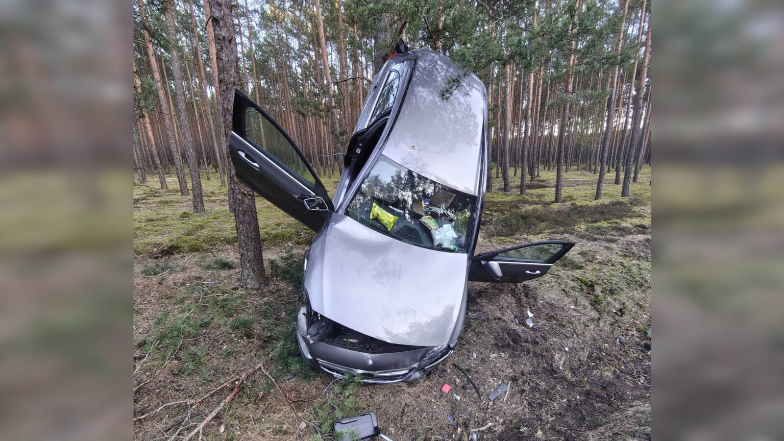wypadek DK27 Dąbrowiec Nowogród Bobrzański - auto uderzyło w drzewo